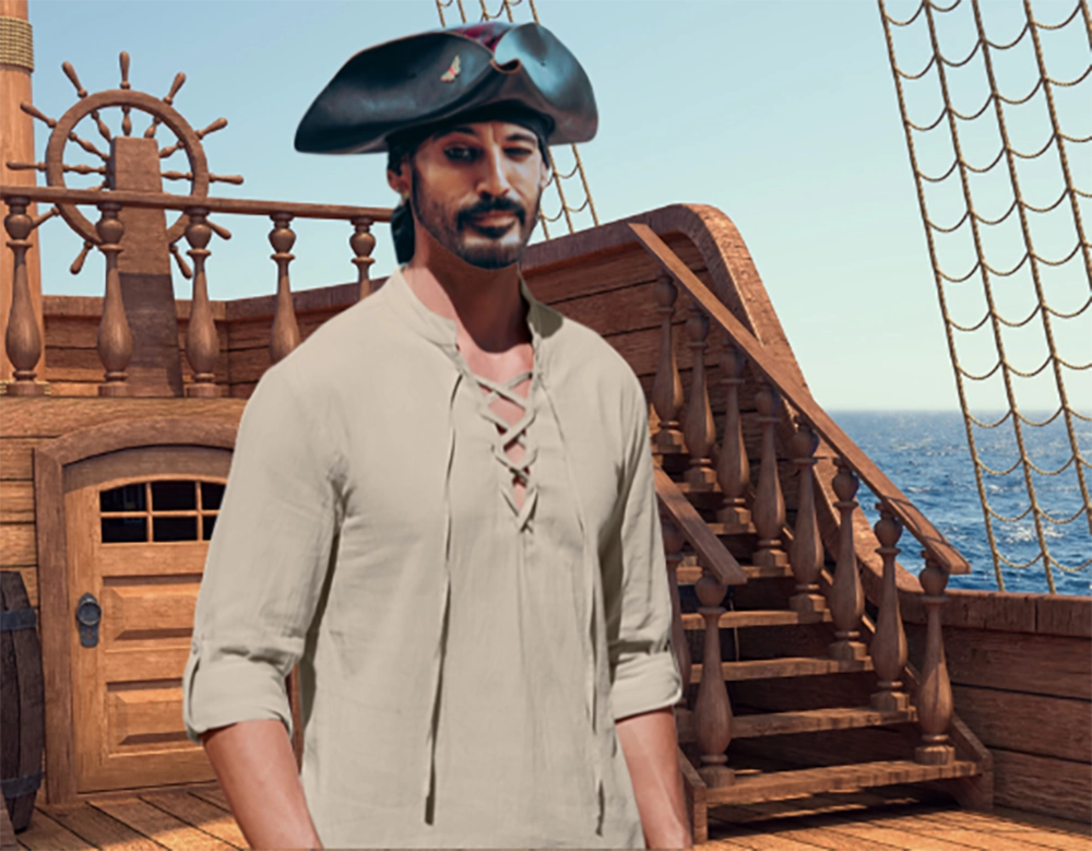 Chemise Pirate Unisexe Écrue – Style Historique Ample à Manches Longues rabattables et Col en V avec lacets manches courtes de face portée sur modèle in situ