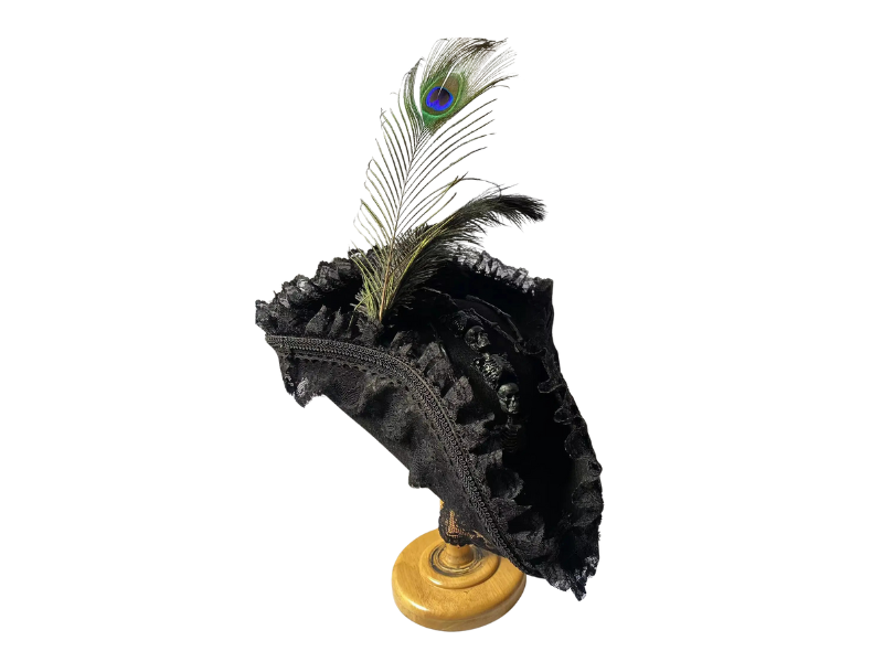 Chapeau de Pirate noir avec plumes et squelettes