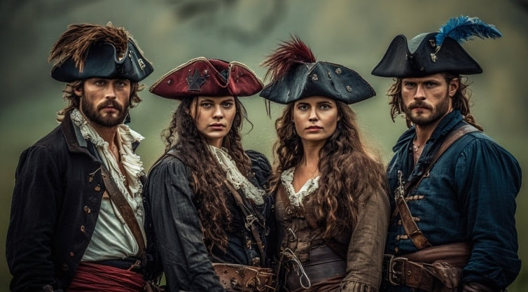 2 pirates hoùùes et 2 femmes pirates avec de jolis chapeaux pirates corsaire flibustiers boucaniers tricornes de couleurs différentes