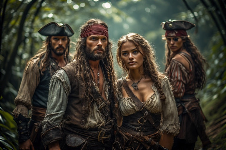 4 pirates, 2 femmes et 2 hommes avec leurs vêtements pirates arborés fièrement dans un bois