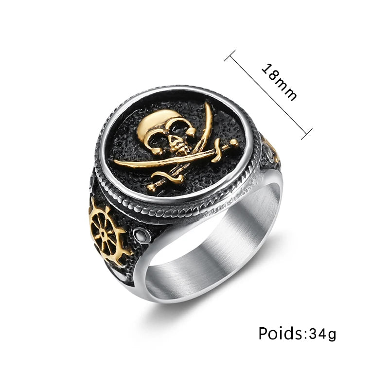 Bague pirate vintage acier inoxydable chevalière motif tête de mort, double sabres et Barre, finition et argent Trésors de Pirate