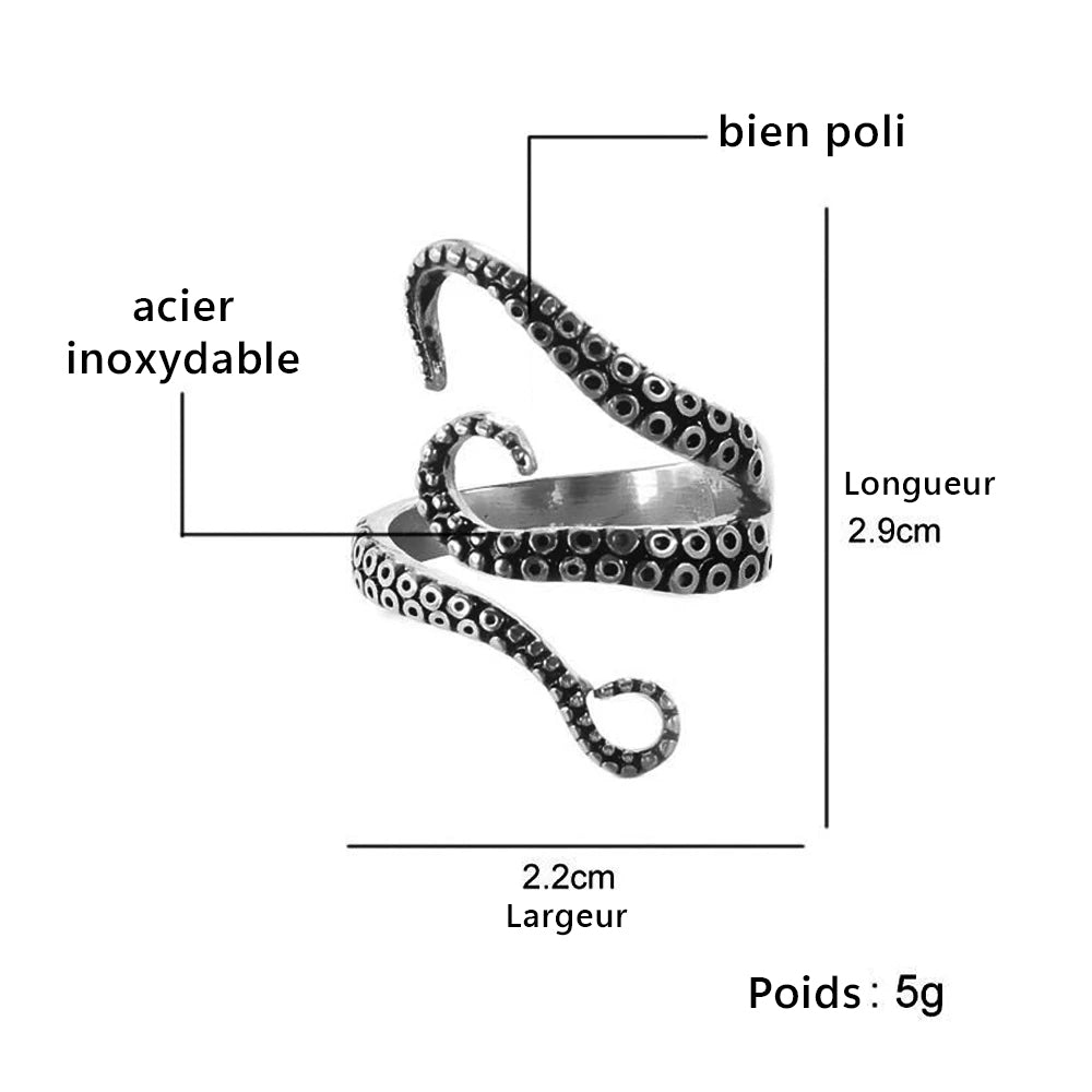 Bague pirate pieuvre tentacules en acier inoxydable argenté Trésors de Pirate