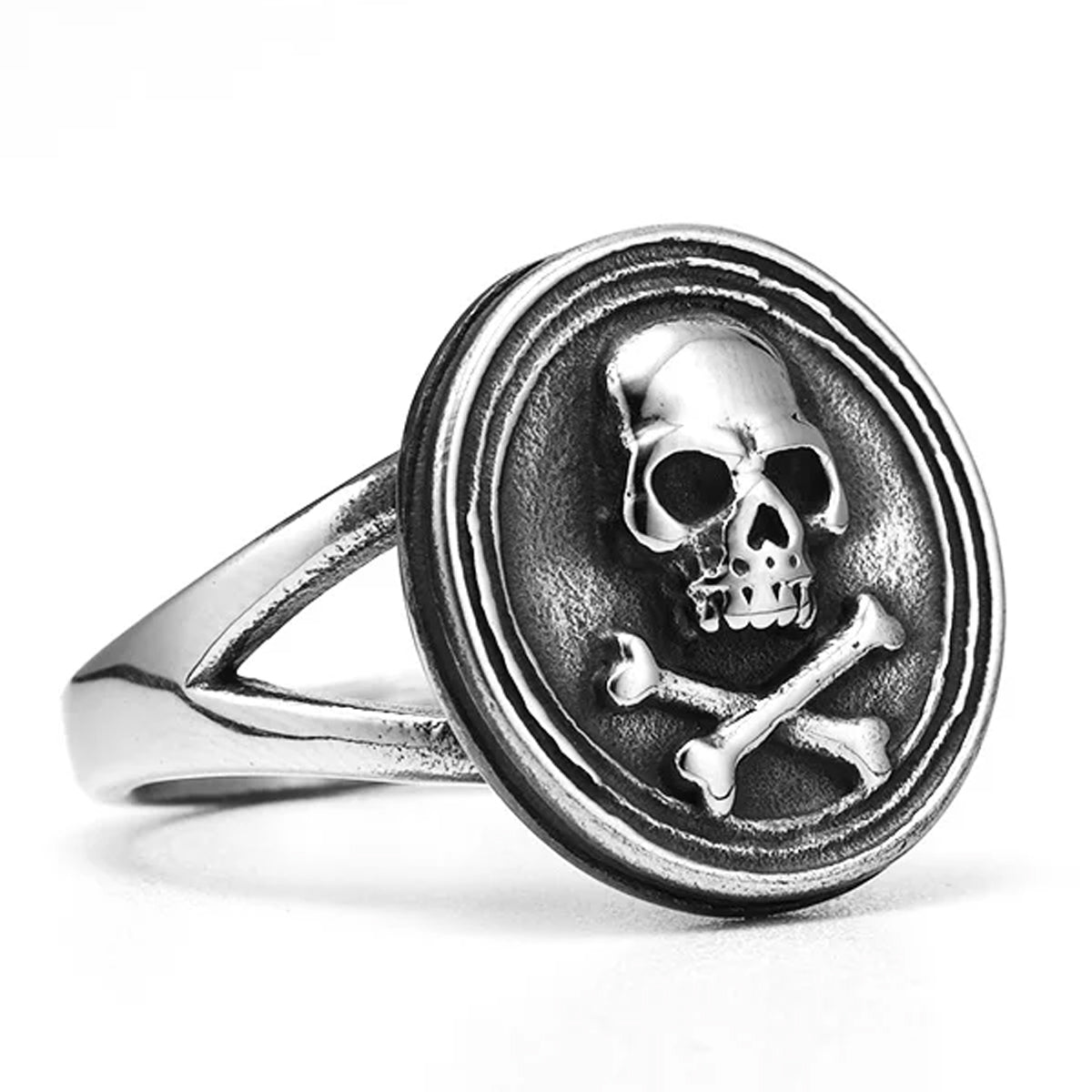 Bague Pirate Emblème en Acier Inoxydable de face côté