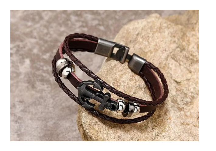 Bracelet pirate cuir marron avec ancre de bateau en métal Trésors de Pirate