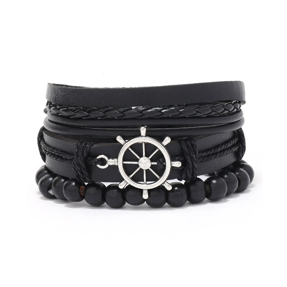Bracelet pirate 4 rangées de cuir noir différent, 1 rangée de boules noires en bois avec roue en métal Trésors de Pirate