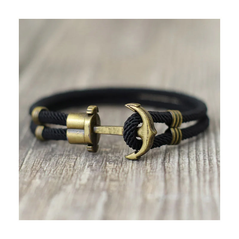 Bracelet pirate style vintage en corde noire avec ancre couleur bronze Trésors de Pirate