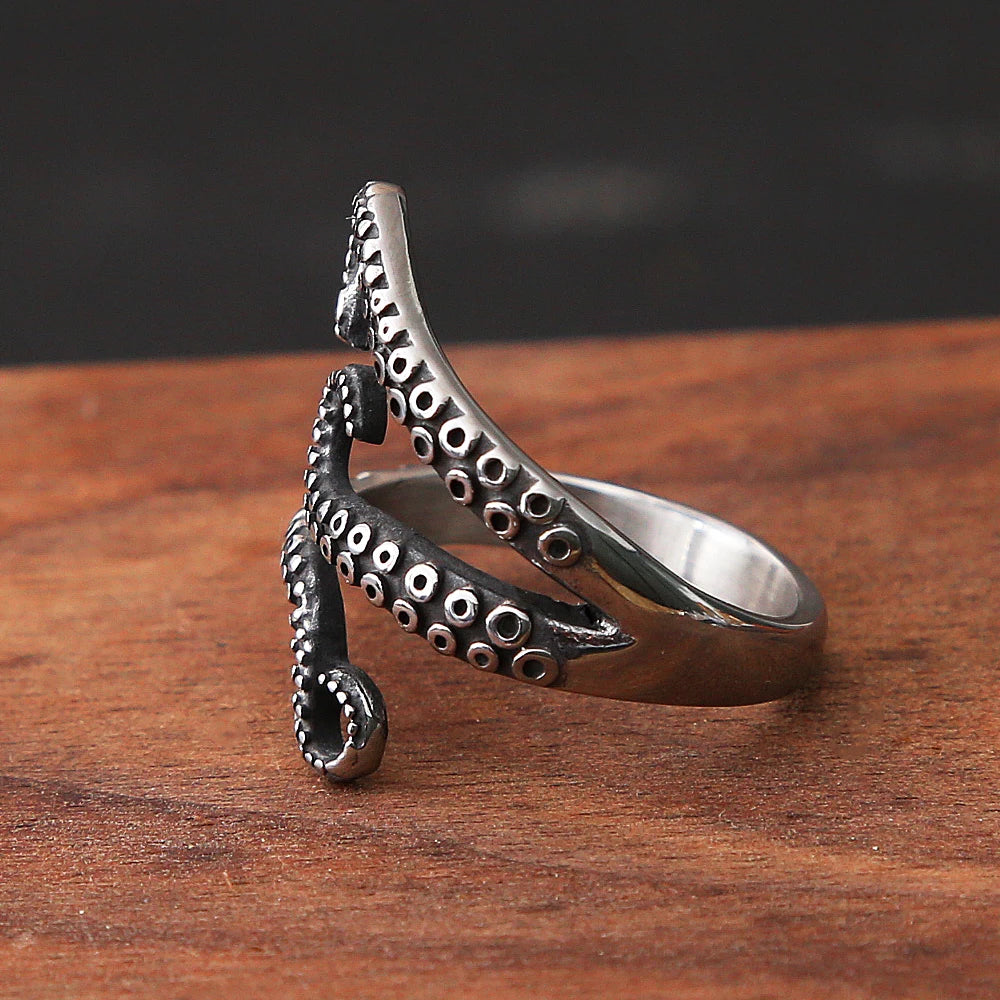 Bague pirate pieuvre tentacules en acier inoxydable argenté Trésors de Pirate