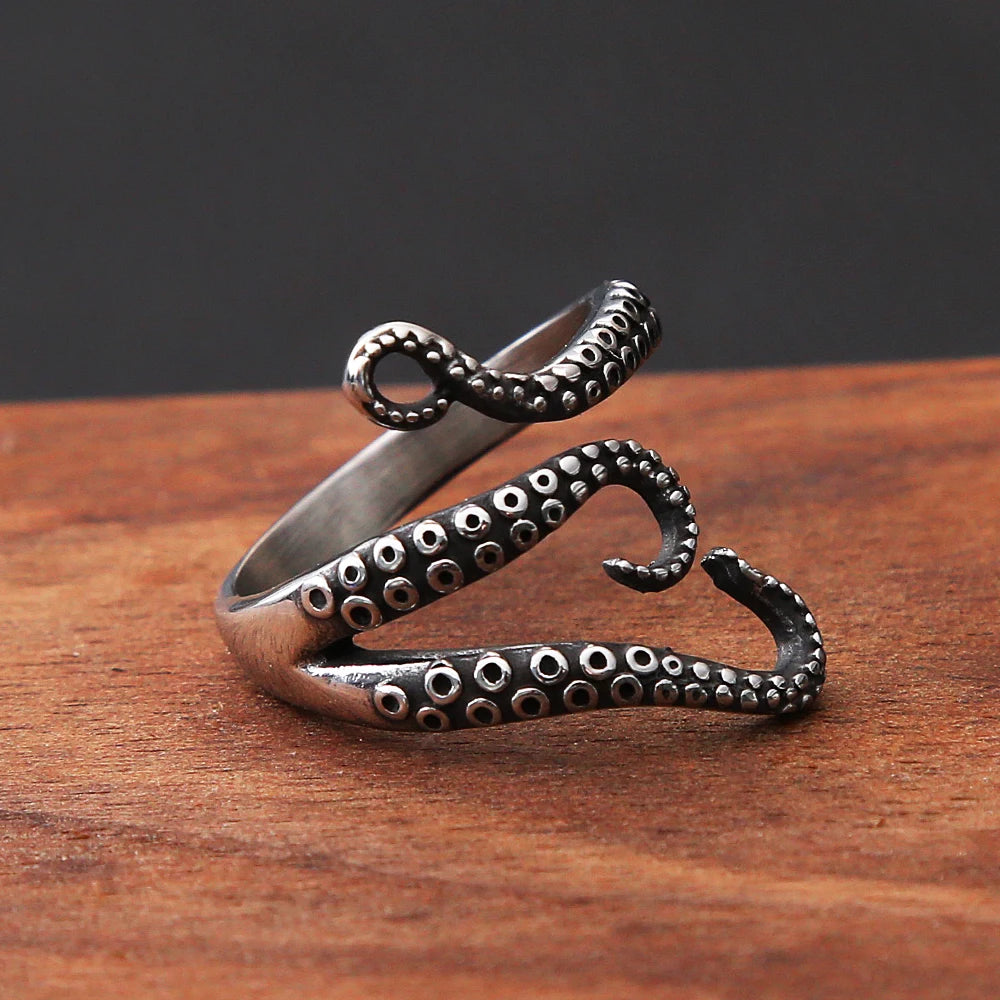 Bague pirate pieuvre tentacules en acier inoxydable argenté Trésors de Pirate