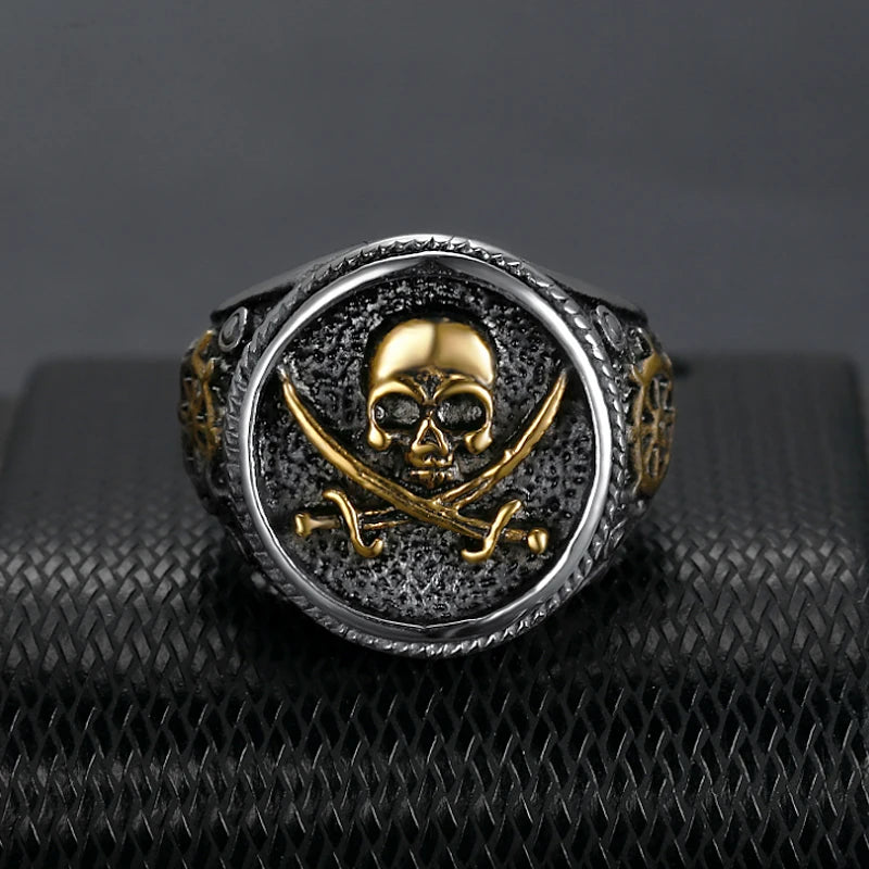 Vintage Men's Pirate Signet Double Knife Skull Ring Golden/Silver Color Stainless Steel Compass Goth Punk Ring Drop Shipping Trésors de Pirate