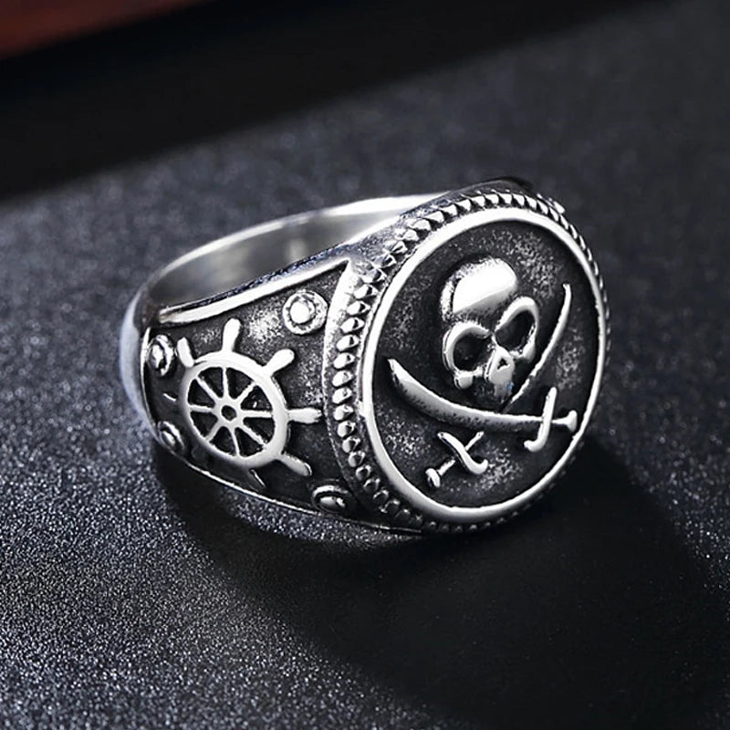 Vintage Men's Pirate Signet Double Knife Skull Ring Golden/Silver Color Stainless Steel Compass Goth Punk Ring Drop Shipping Trésors de Pirate