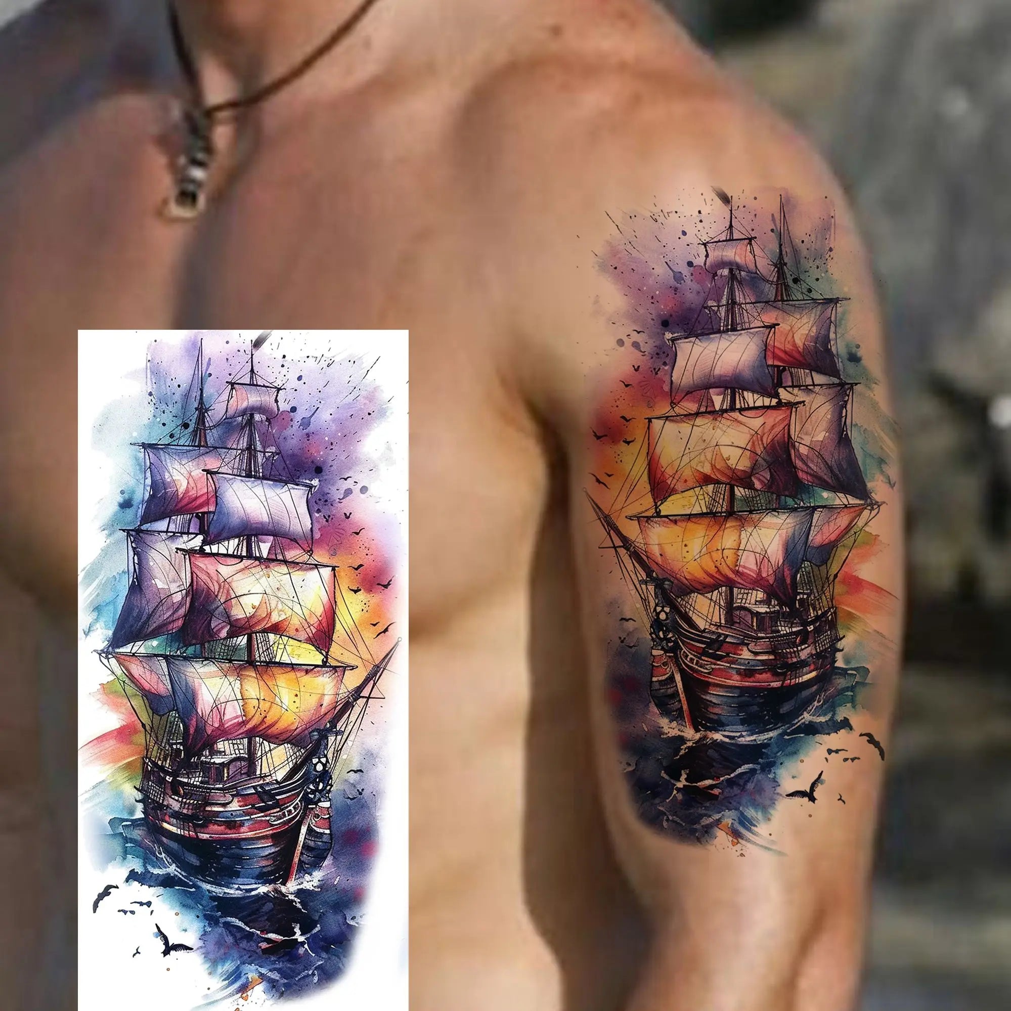 1 Sheet Realistic Sailing Boat Pirate Ship Temporary Tattoos Waterproof Anchor Compass Tatoos Fake Tattoos Long Lasting Stickers Trésors de Pirate