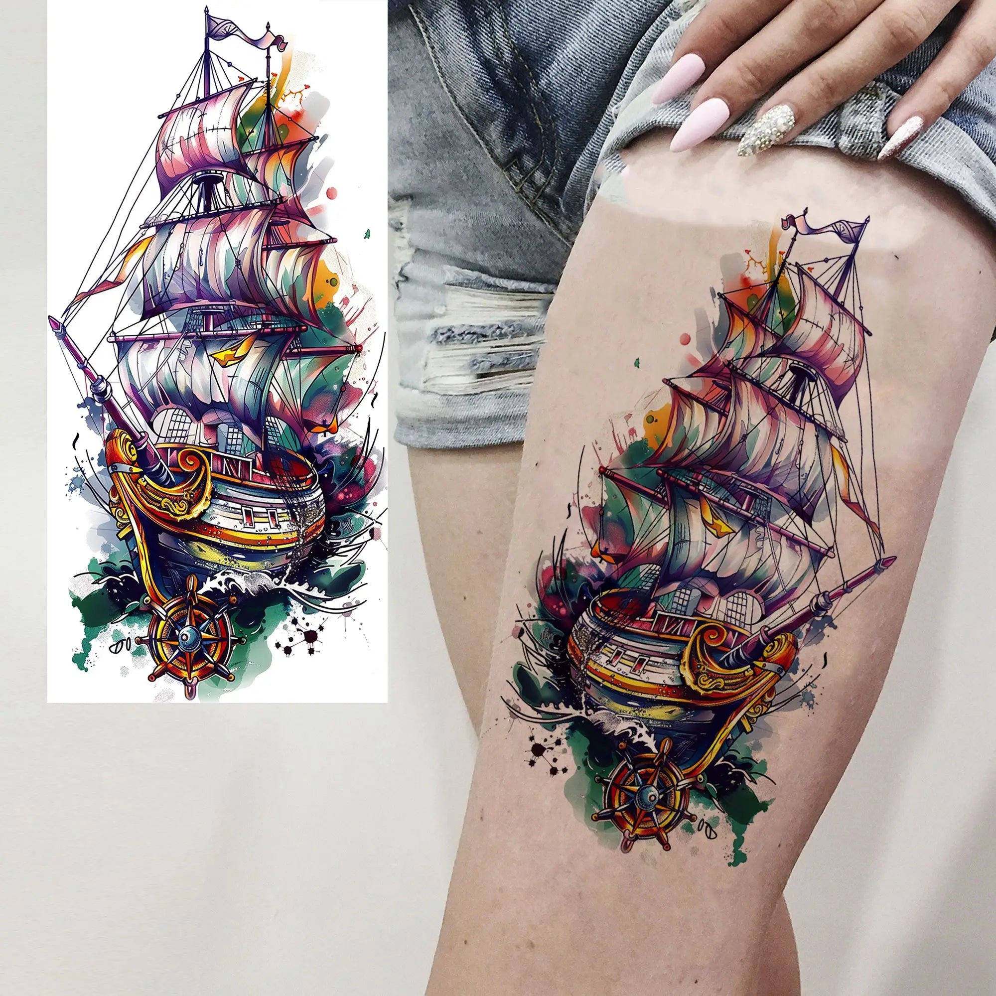 1 Sheet Realistic Sailing Boat Pirate Ship Temporary Tattoos Waterproof Anchor Compass Tatoos Fake Tattoos Long Lasting Stickers Trésors de Pirate