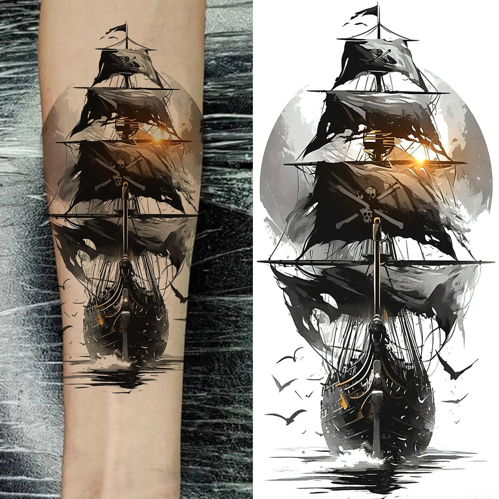 1 Sheet Realistic Sailing Boat Pirate Ship Temporary Tattoos Waterproof Anchor Compass Tatoos Fake Tattoos Long Lasting Stickers Trésors de Pirate