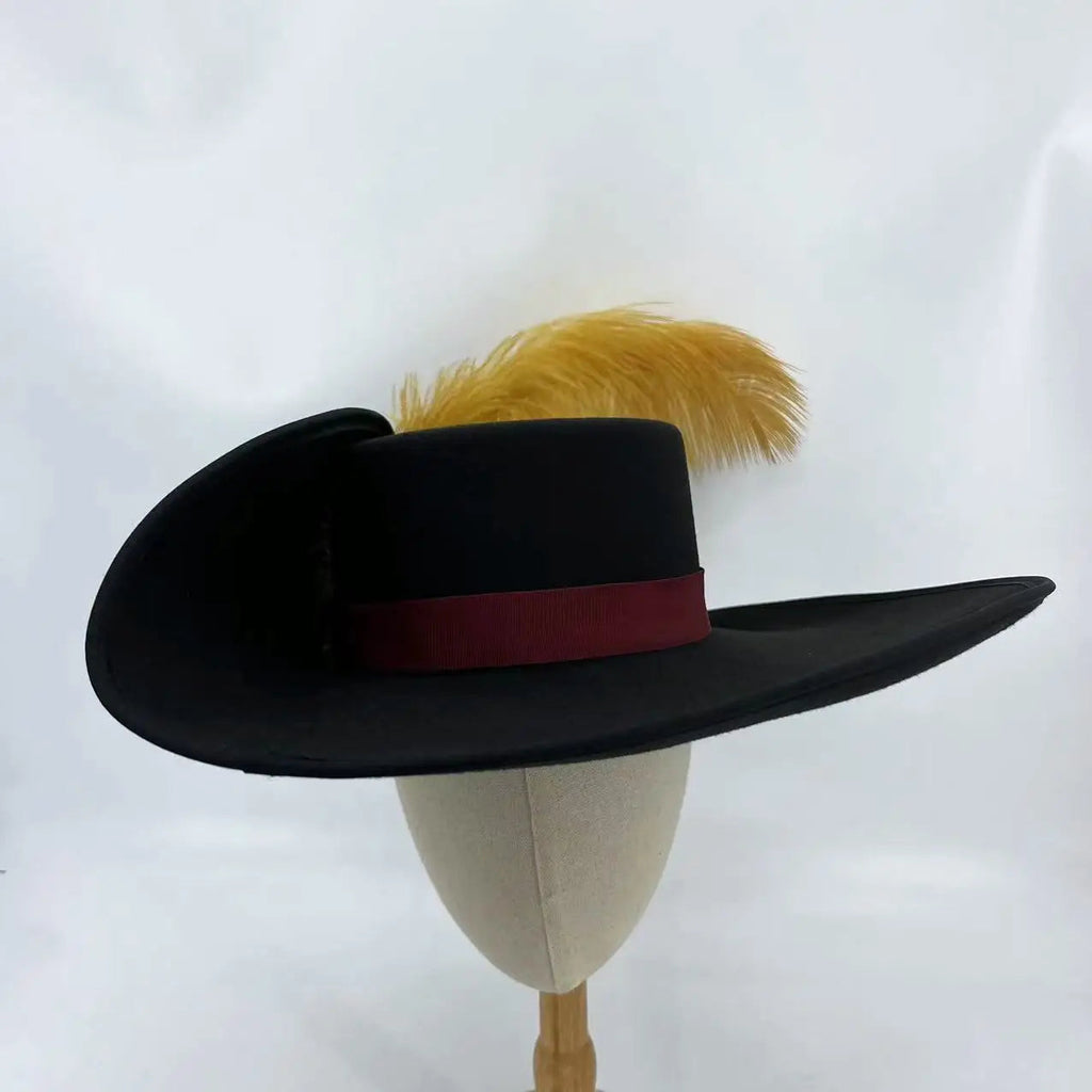 Spanish Musketeer Style Hat Cosplay Woolen Cap Black Spanish Imperial Infantry Men Medieval 56cm to 58cm Head Size For XMAS Gift Trésors de Pirate
