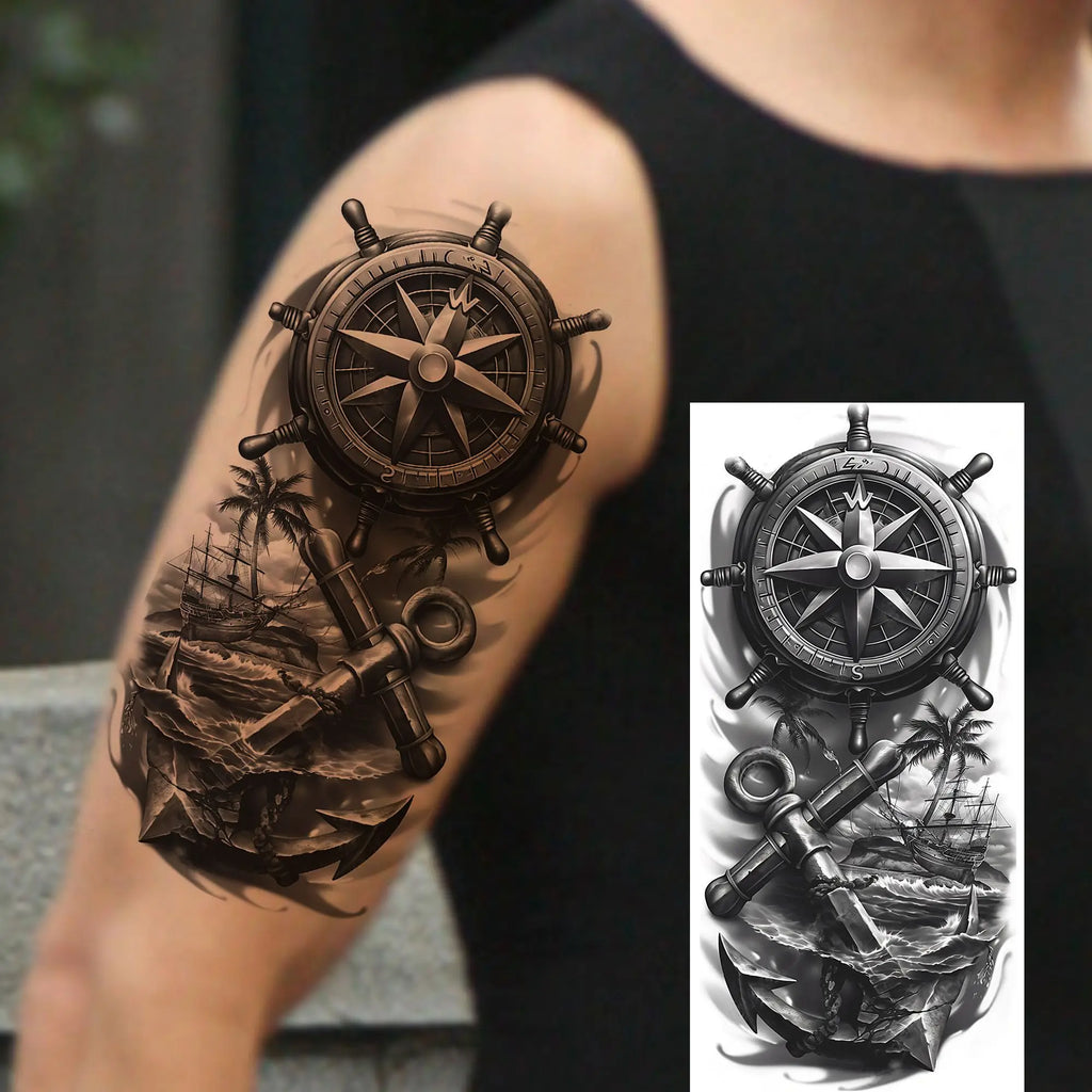 1 Sheet Realistic Sailing Boat Pirate Ship Temporary Tattoos Waterproof Anchor Compass Tatoos Fake Tattoos Long Lasting Stickers Trésors de Pirate