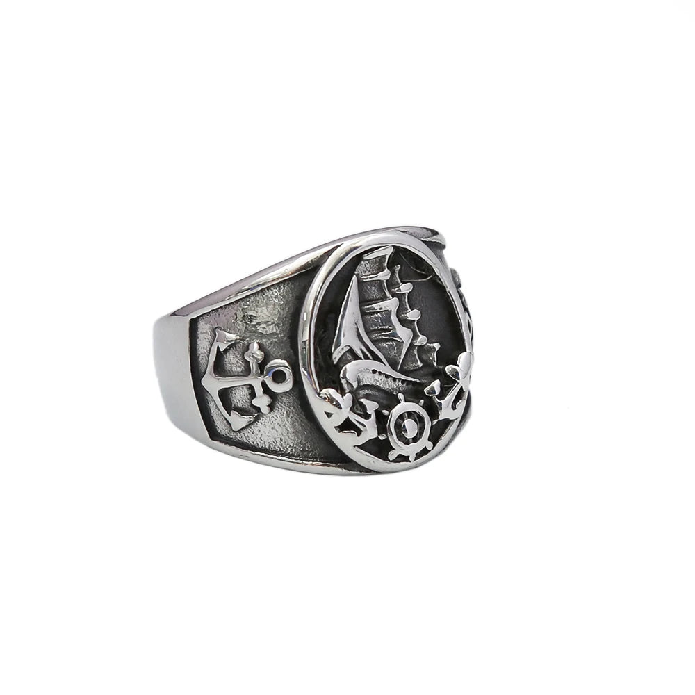 Bague pirate avec bateau à voiles, barre et ancres en acier inoxydable argenté Trésors de Pirate