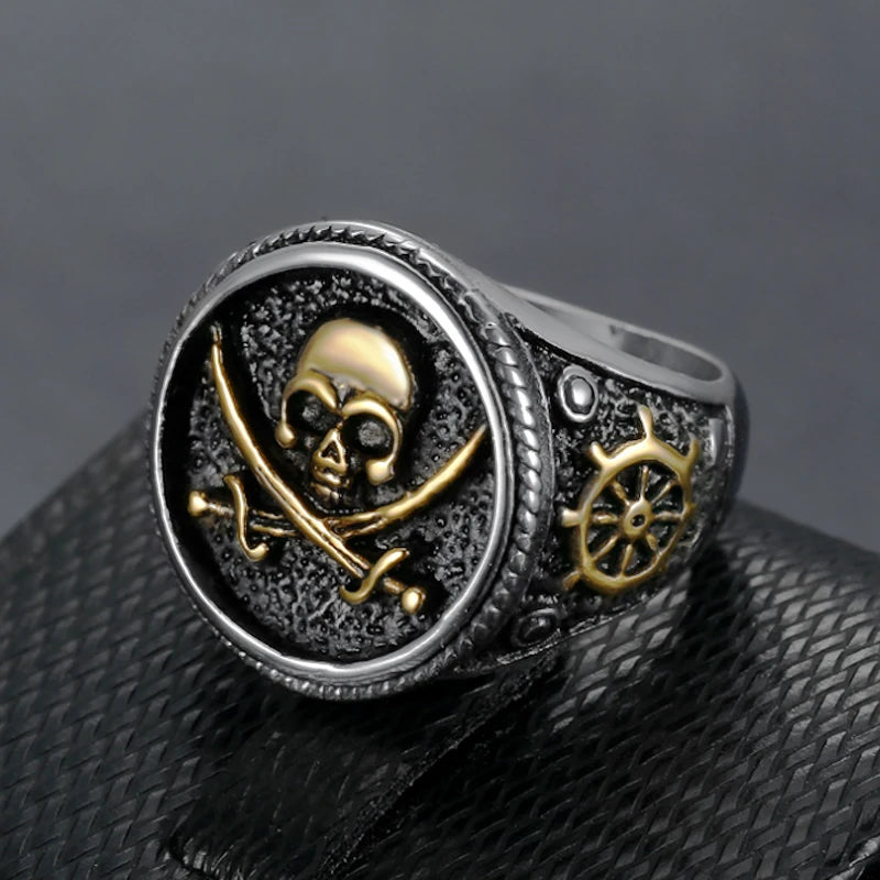 Vintage Men's Pirate Signet Double Knife Skull Ring Golden/Silver Color Stainless Steel Compass Goth Punk Ring Drop Shipping Trésors de Pirate