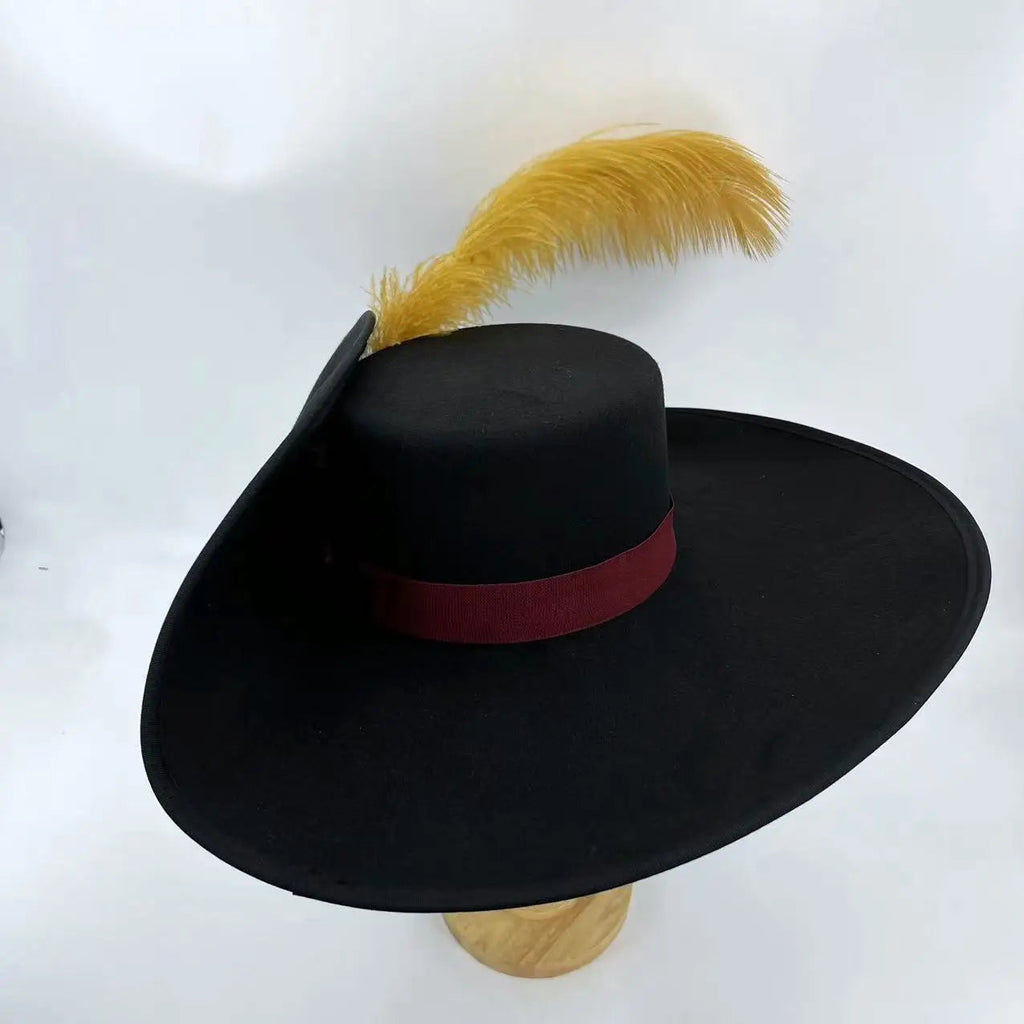 Spanish Musketeer Style Hat Cosplay Woolen Cap Black Spanish Imperial Infantry Men Medieval 56cm to 58cm Head Size For XMAS Gift Trésors de Pirate