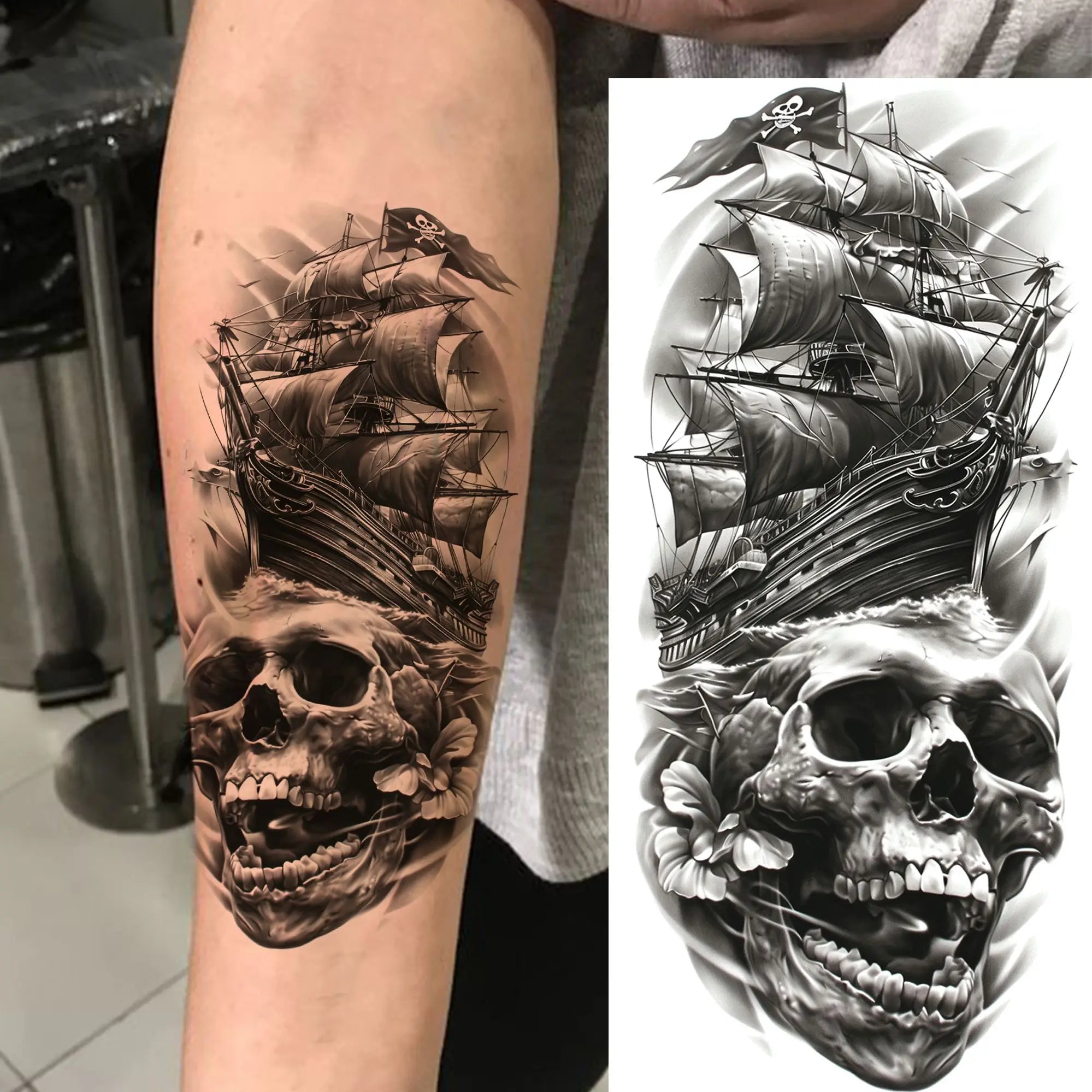 1 Sheet Realistic Sailing Boat Pirate Ship Temporary Tattoos Waterproof Anchor Compass Tatoos Fake Tattoos Long Lasting Stickers Trésors de Pirate