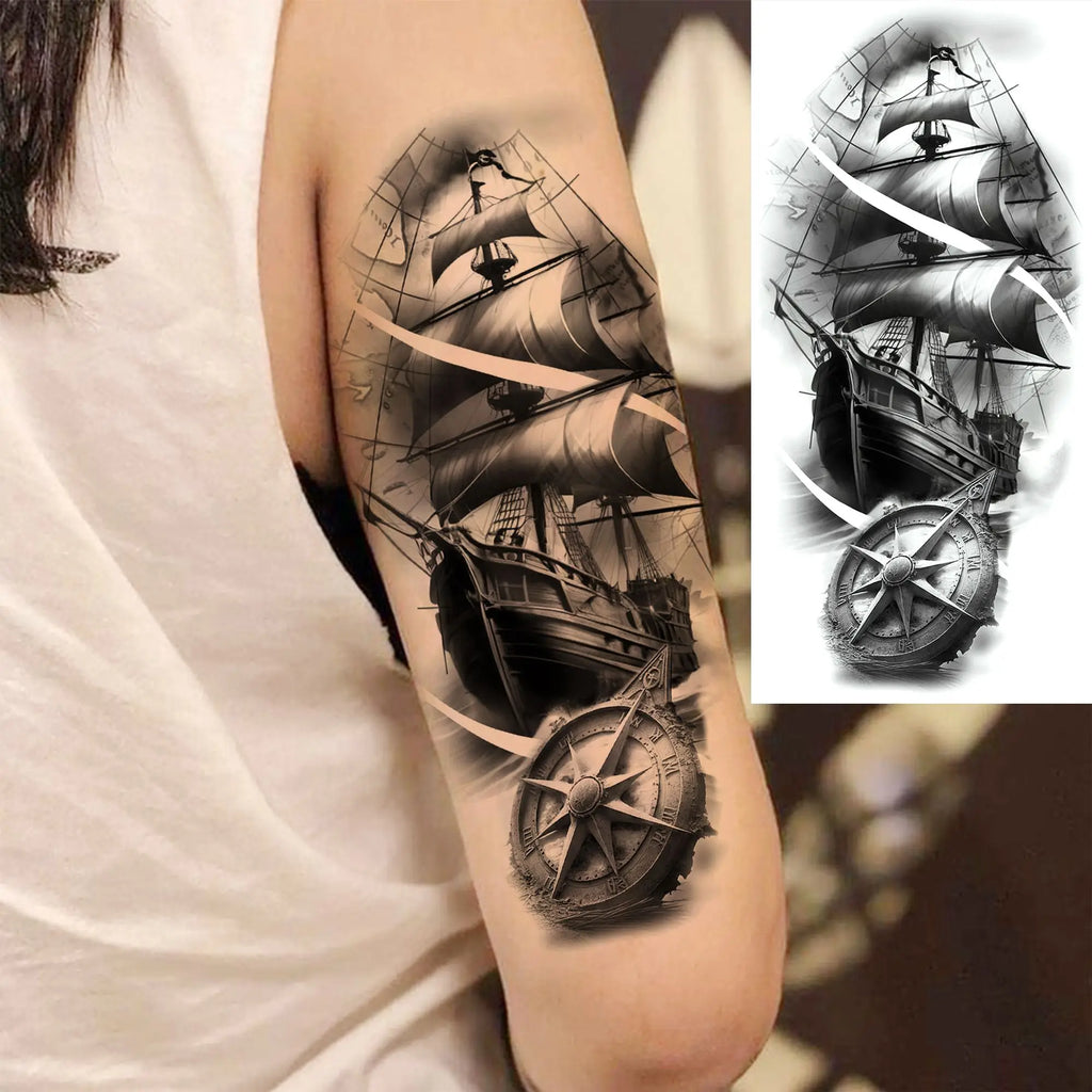 1 Sheet Realistic Sailing Boat Pirate Ship Temporary Tattoos Waterproof Anchor Compass Tatoos Fake Tattoos Long Lasting Stickers Trésors de Pirate