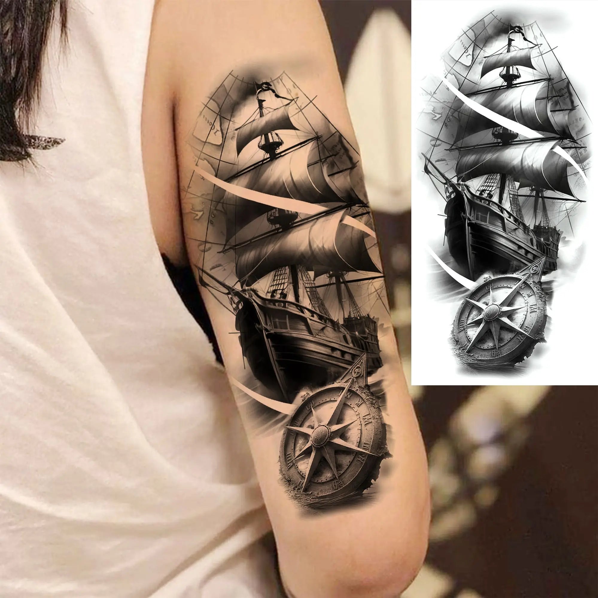 1 Sheet Realistic Sailing Boat Pirate Ship Temporary Tattoos Waterproof Anchor Compass Tatoos Fake Tattoos Long Lasting Stickers Trésors de Pirate