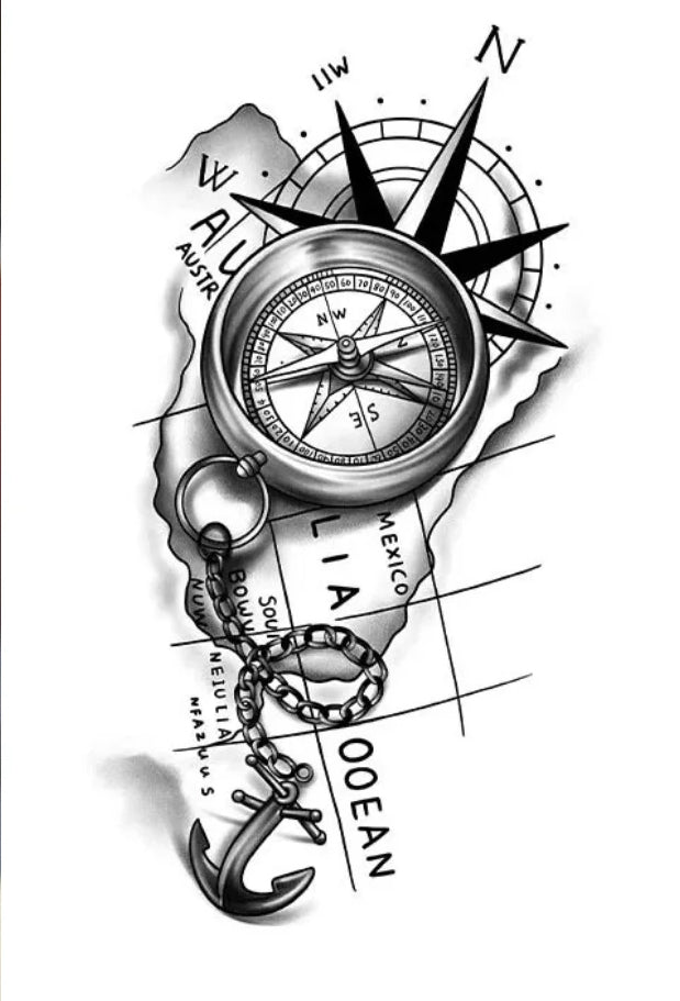 Tatouage pirate temporaire rose des vents avec boussole et ancre stylisées Trésors de Pirate