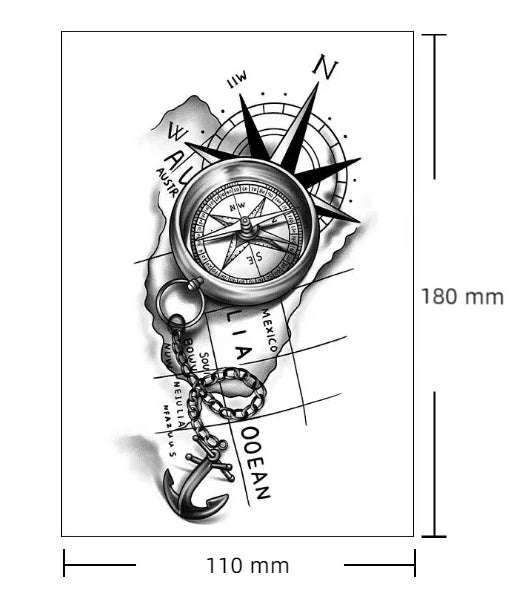 Tatouage pirate temporaire rose des vents avec boussole et ancre stylisées Trésors de Pirate