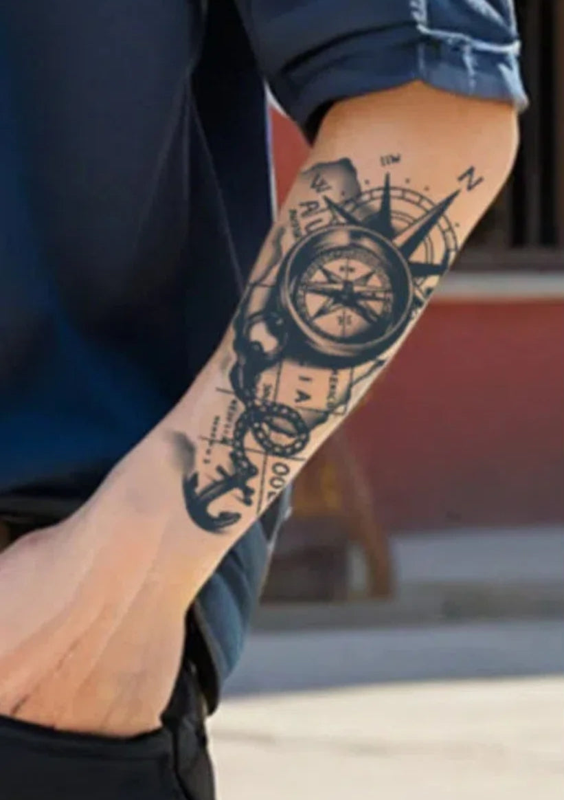 Tatouage pirate temporaire rose des vents avec boussole et ancre stylisées Trésors de Pirate