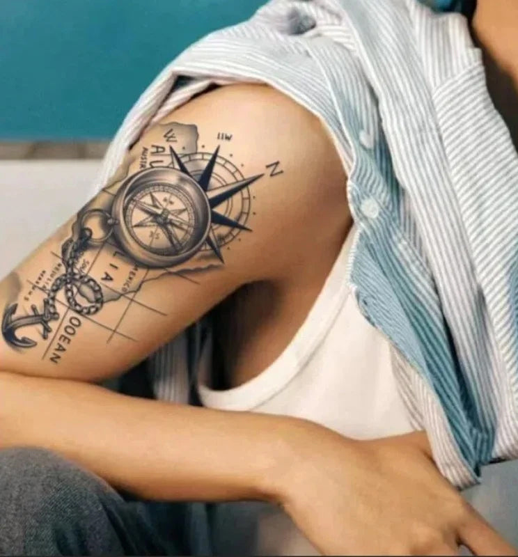 Tatouage pirate temporaire rose des vents avec boussole et ancre stylisées Trésors de Pirate