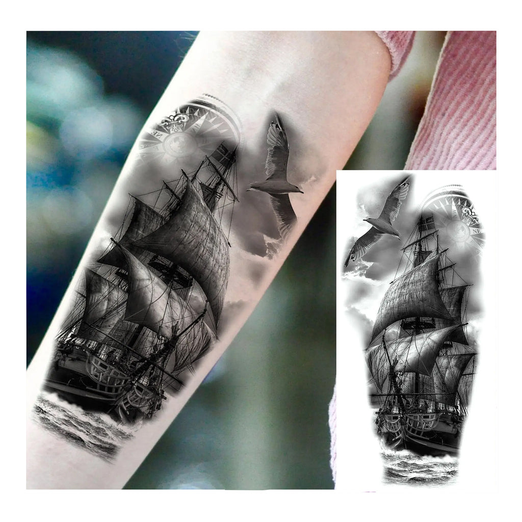 Tatouage pirate temporaire bateau pirate voilier avec rose des vents Trésors de Pirate