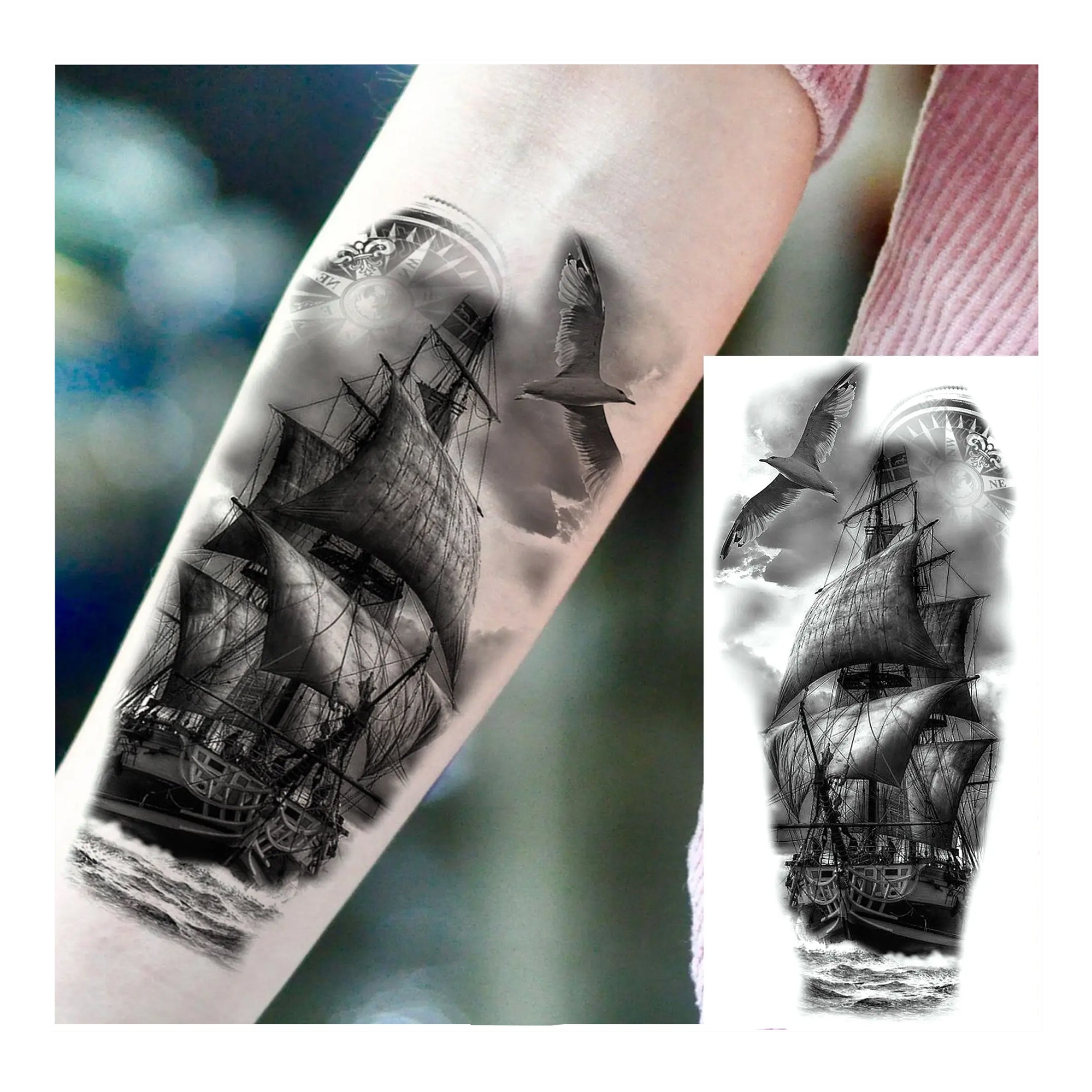 Tatouage pirate temporaire bateau pirate voilier avec rose des vents Trésors de Pirate