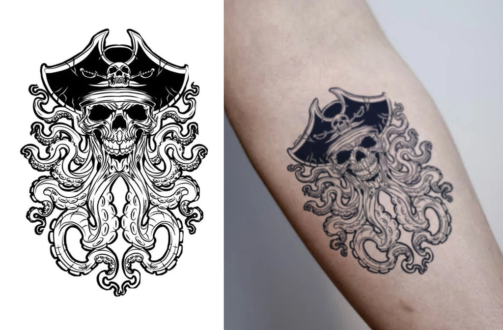 Tatouage pirate temporaire capitaine pirate pieuvre avec chapeau de pirate Trésors de Pirate
